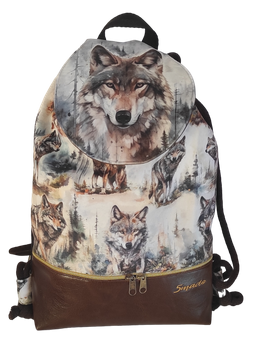 Plecak - worek z klapką wilki - welur ekoskóra