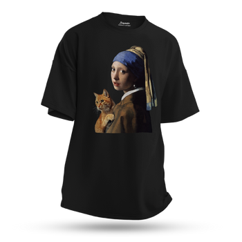 Koszulka oversize z nadrukiem Dziewczyna z perłą i rudym kotem