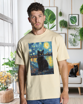 Koszulka oversize z nadrukiem czarny kot w gwieździstą noc Vincent van Cat