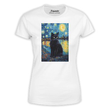 Koszulka damska z nadrukiem czarny kot w gwieździstą noc Vincent van Cat