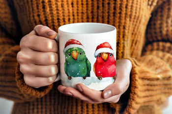 Kubek ceramiczny świąteczne papużki w mikołajowych czapkach