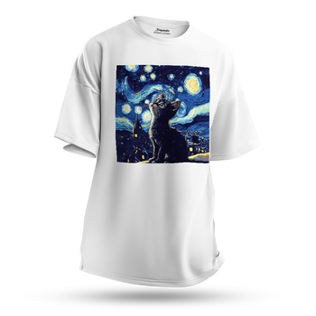 Koszulka oversize z nadrukiem czarny kotek w gwieździstą noc Vincent van Cat