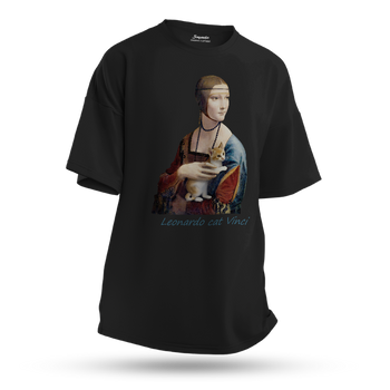 Koszulka oversize z nadrukiem Dama z koteczkiem Leonardo cat Vinci