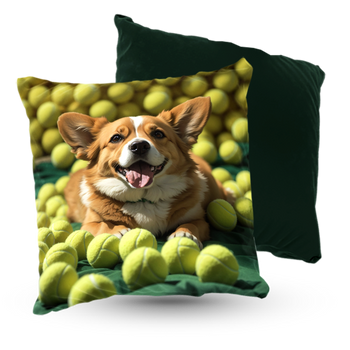 Poduszka pies Corgi wśród piłek tenisowych 40x40 cm