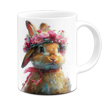 Kubek ceramiczny z nadrukiem króliczka z wiankiem na głowie