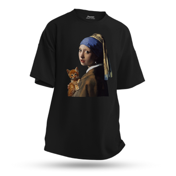 Koszulka oversize z nadrukiem Dziewczyna z perłą i rudym kotkiem