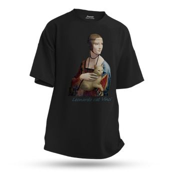 Koszulka oversize z nadrukiem Dama z koteczką Leonardo cat Vinci