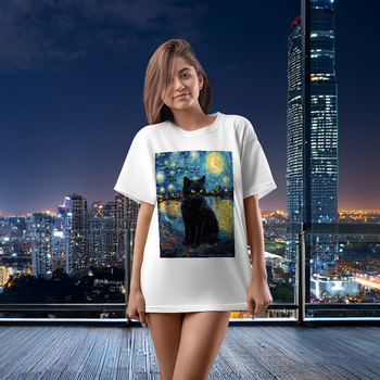 Koszulka oversize z nadrukiem czarny kot w gwieździstą noc Vincent van Cat