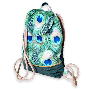 Plecak - worek z klapką welur pawie pióra