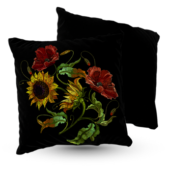 Poduszka welur polne kwiaty - słoneczniki i maki 40x40 cm