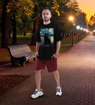 Koszulka oversize z nadrukiem czarny kot w gwieździstą noc Vincent van Cat