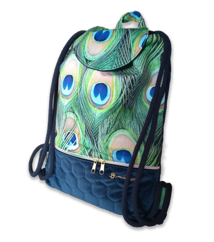 Plecak - worek z klapką welur pawie pióra