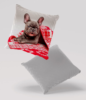 Poduszka welur pies buldog francuski w zimowym klimacie 40x40 cm