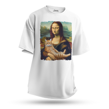 Koszulka oversize z nadrukiem Mona Lisa z kotem