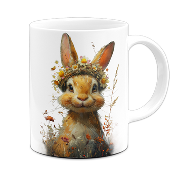 Kubek ceramiczny z nadrukiem króliczka z wiankiem na głowie