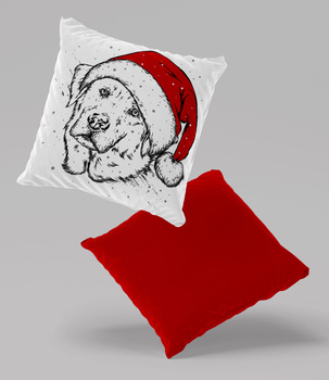 Poduszka welur świąteczny pies w Mikołajowej czapce 40x40 cm