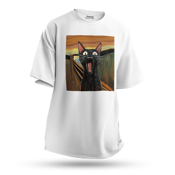 Koszulka oversize z nadrukiem czarny kot w obrazie "Krzyk" Edvarda Muncha